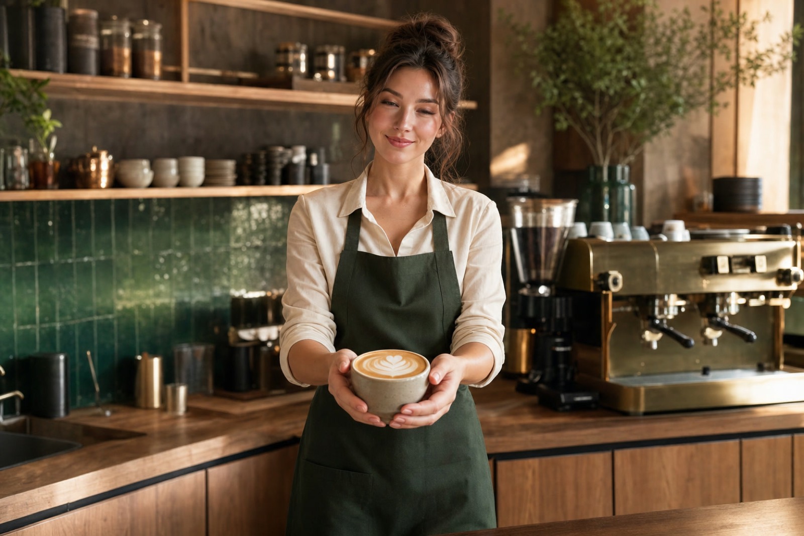 A barista persona behind a coffee bar