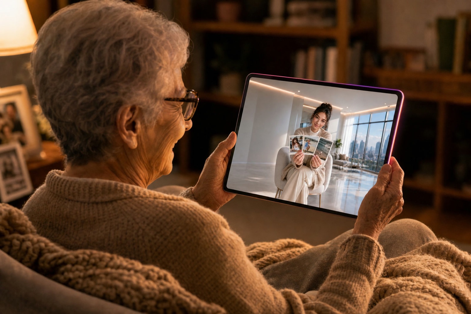 An elderly woman smiling at a video call on her tablet