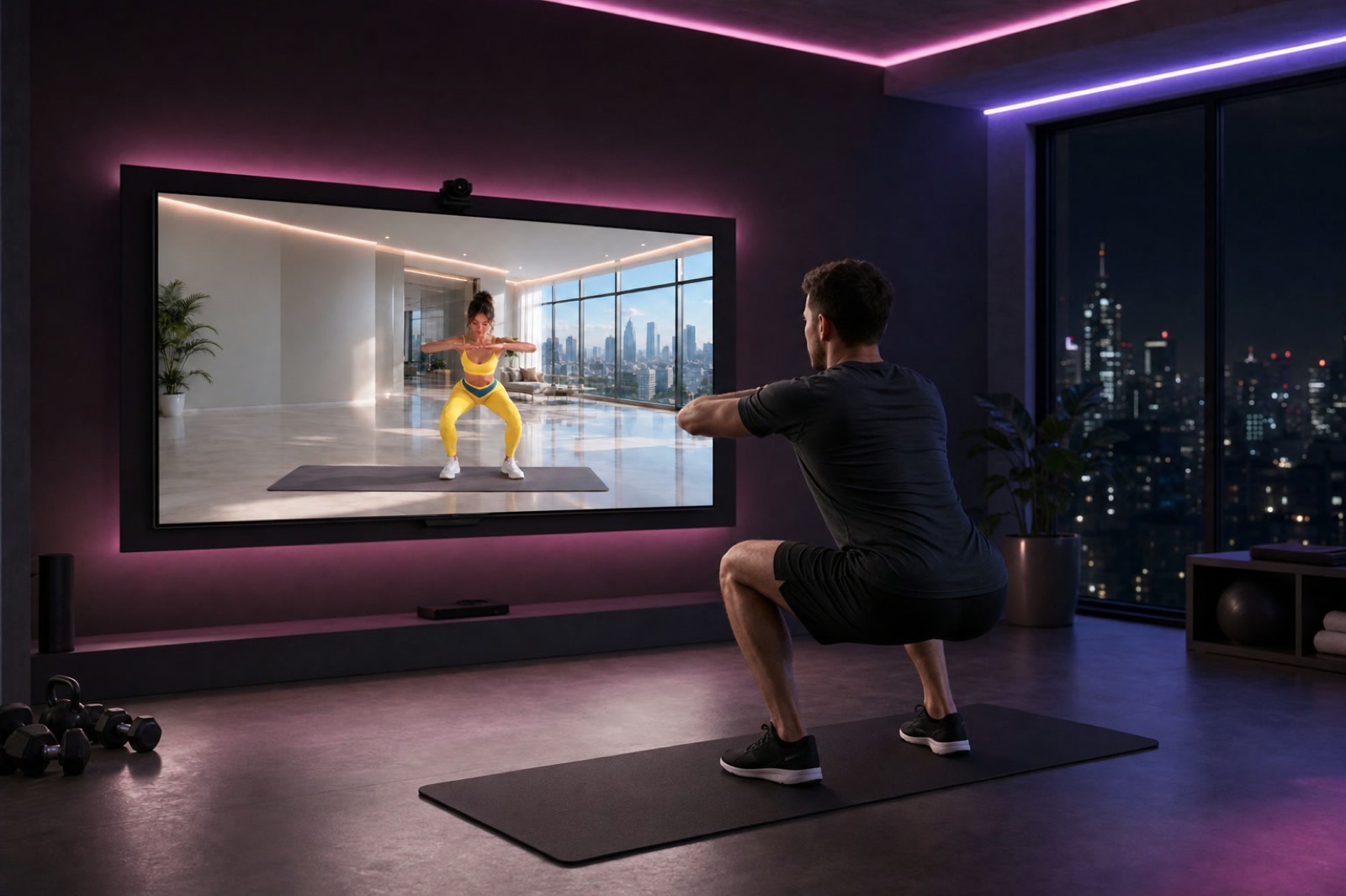 She leads a workout from a TV in a living room