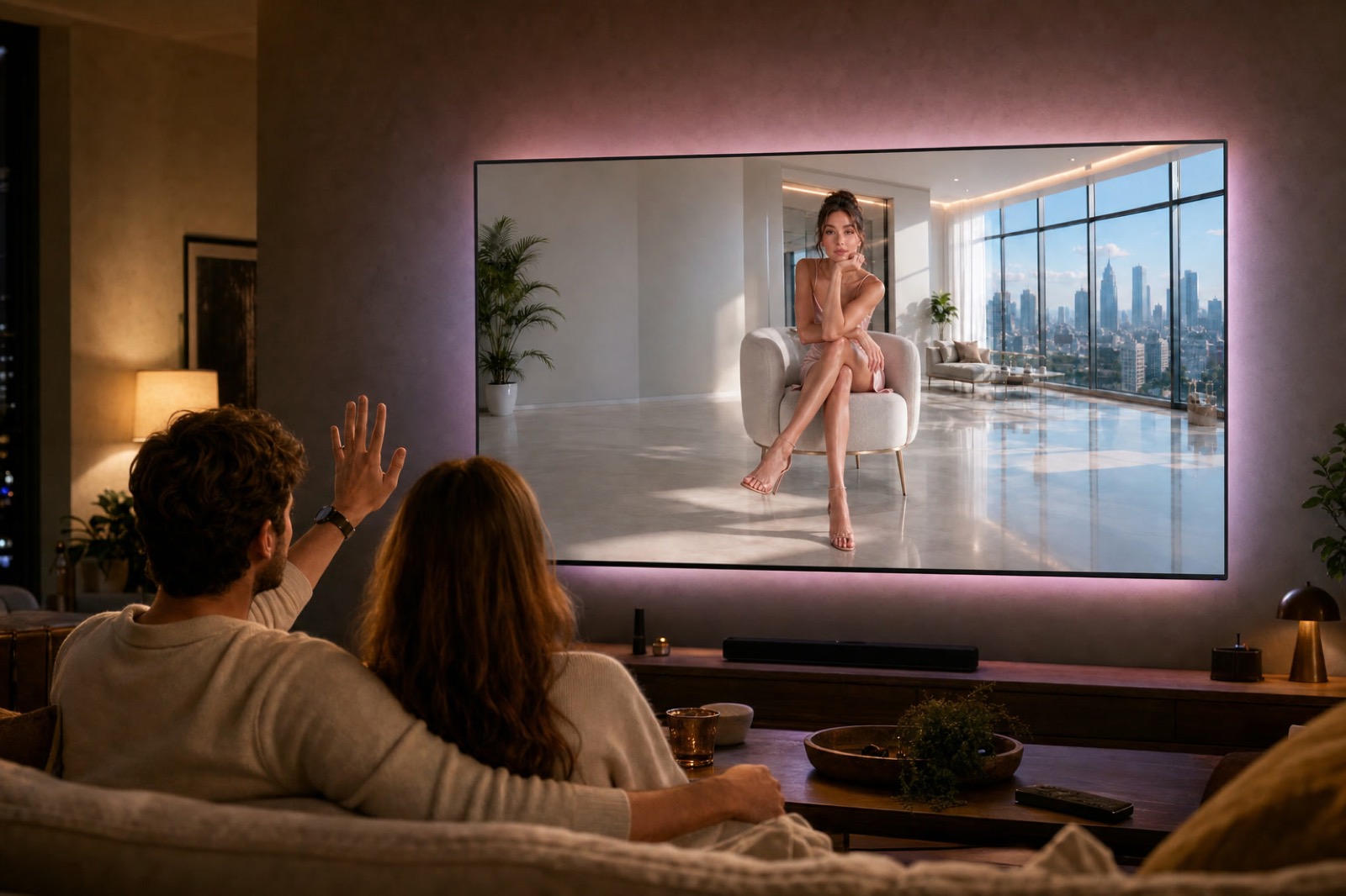 A family on the sofa talking to her on a big TV