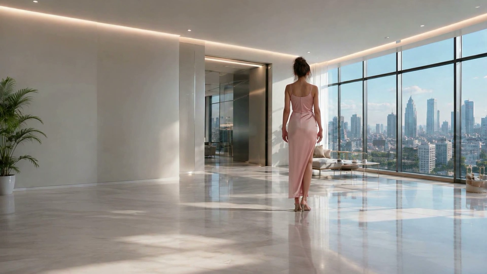 She stands at the window looking at the city